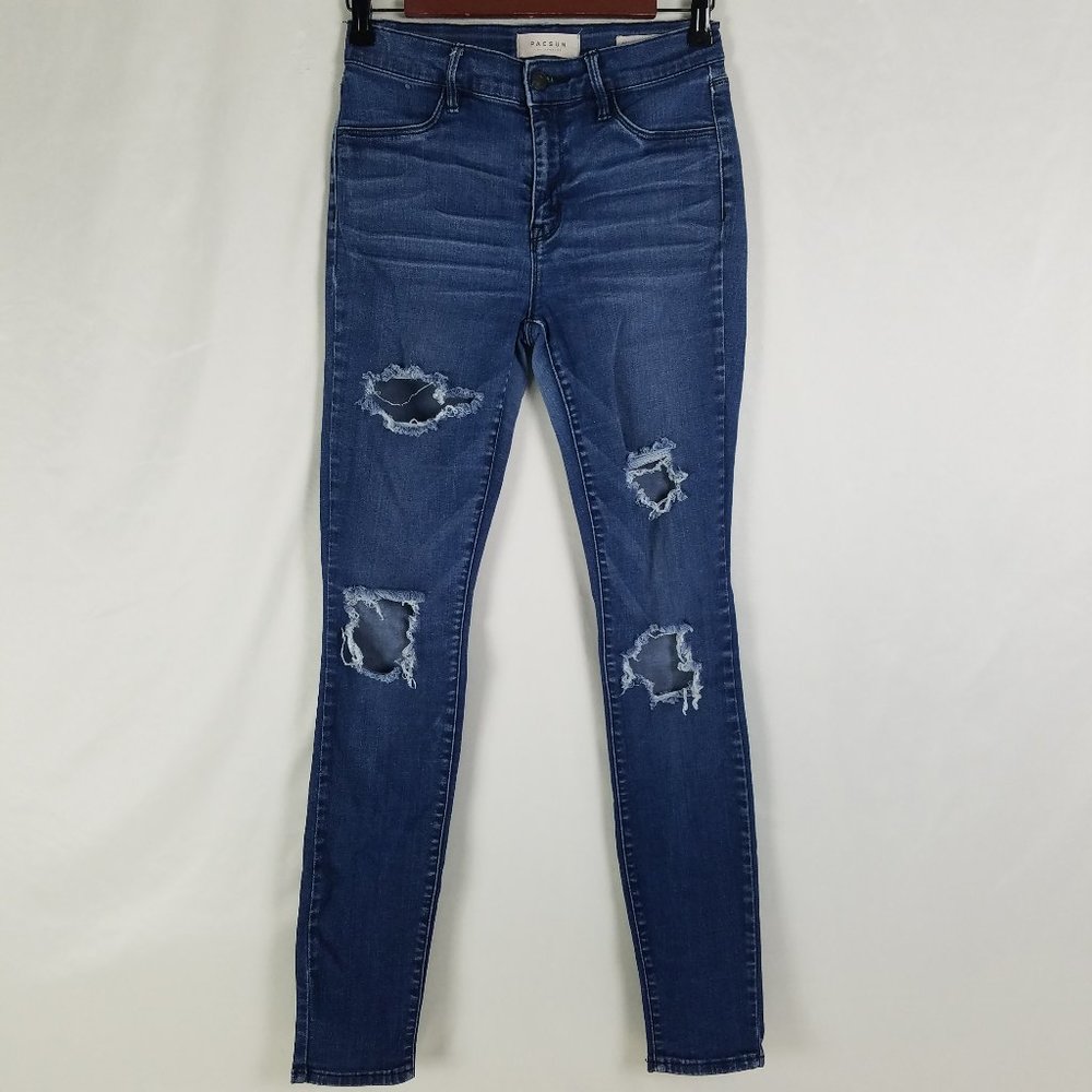 Pacsun Jeans Womens 26 Long Mid Rise Blue Denim Jegging Destroyed Medium‎ Wash